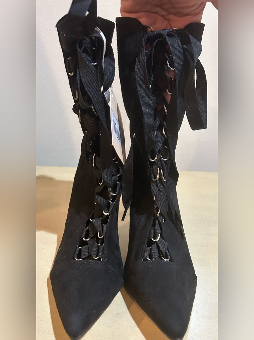 Black Lace-Up Suede Heeled Boots